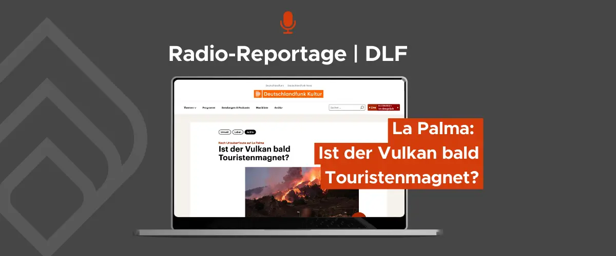 Grafik einer Radio-Reportage des DLF (Deutschlandfunk Kultur). Ein Laptop zeigt einen Artikel mit dem Titel „Die Stimmung droht zu kippen“ über den Migrations-Hotspot Kanaren.